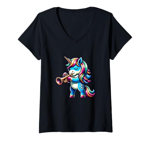 Damen Einhorn Spielt Trompete Traumhafte Magie T-Shirt mit V-Ausschnitt Damen Einhorn Spielt Trompete Traumhafte Magie T-Shirt mit V-Ausschnitt von Einzigartiges Einhorn Mit Trompete Magie
