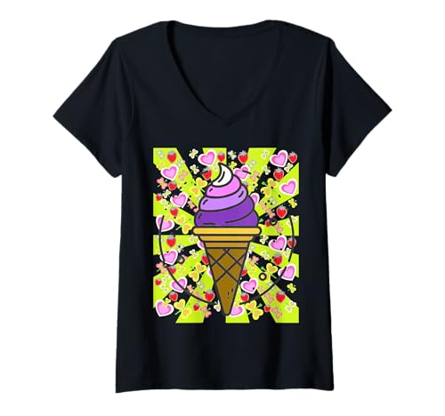 Damen Eis Süßigkeiten Erdbeer Kinder Eiscrem Teenie Retro 80er T-Shirt mit V-Ausschnitt von Eis Eiscreme Eiskreme