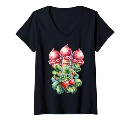 Damen Erdbeeren Eiscrem Eis Eiskreme Erdbeer Erdbeeren Teenie Kind T-Shirt mit V-Ausschnitt Damen Erdbeeren Eiscrem Eis Eiskreme Erdbeer Erdbeeren Teenie Kind T-Shirt mit V-Ausschnitt von Eis Eiscreme Eiskreme