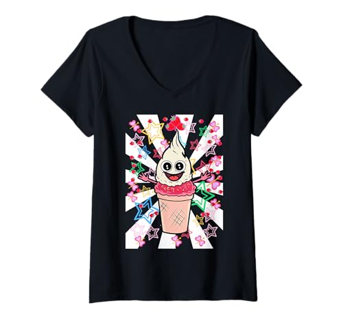 Damen Sommerzeit Erfrischung Eis Eiskrem Kinder Mädchen Junge 80er T-Shirt mit V-Ausschnitt von Eis Eiscreme Eiskreme