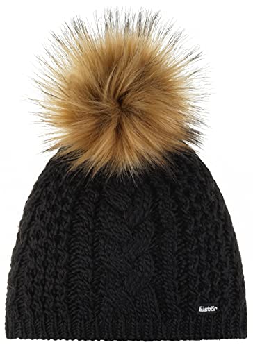 Eisbär Mütze Damen Afra Lux Schwarz - Merino für Frauen - mit Fleece schützt vor Kälte und Wind - Bommelmütze mit Kunstfell-Pompon Pudelmütze mit Zopfmuster Bequeme Strickmütze von Eisbär
