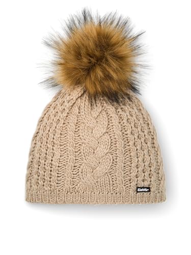 Eisbär Mütze Damen Afra Lux Beige - Merino für Frauen - mit Fleece schützt vor Kälte und Wind - Bommelmütze mit Kunstfell-Pompon Pudelmütze mit Zopfmuster Bequeme Strickmütze von Eisbär
