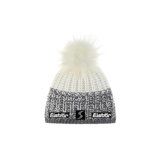 Eisbär Focus Lux Crystal Skipool Mütze Beanie Strickmütze Wollmütze Wintermütze Skimütze Bommelmütze Damen - Made in The EU mit Futter, Futter Winter Herbst-Winter - One Size weiß-grau von Eisbär
