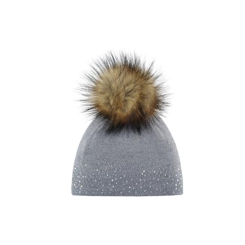 Eisbär Mütze Damen Nalin Lux Crystal Grau - Merino für Frauen - mit Kunstfell-Bommel und Swarovski-Kristallen edle Bommelmütze mit warmen mit Fleece Futter schützt vor Kälte und Wind von Eisbär