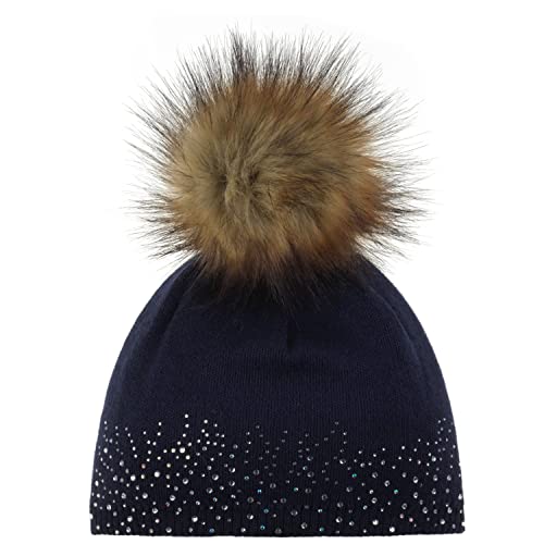 Eisbär Mütze Damen Nalin Lux Crystal Blau - Merino für Frauen - mit Kunstfell-Bommel und Swarovski-Kristallen edle Bommelmütze mit warmen mit Fleece Futter schützt vor Kälte und Wind von Eisbär