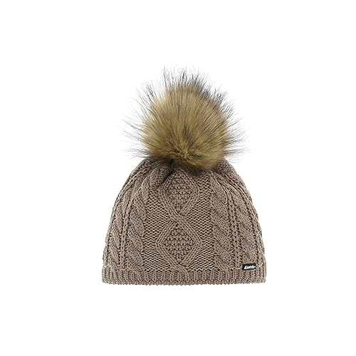 Eisbär Mütze Damen Nelia Lux Beige - Merino Bommelmütze für Frauen - mit Fleece Futter schützt vor Kälte und Wind - Strickmütze mit Zopfmuster und Kunstfell-Pompon Haube aus Österreich von Eisbär