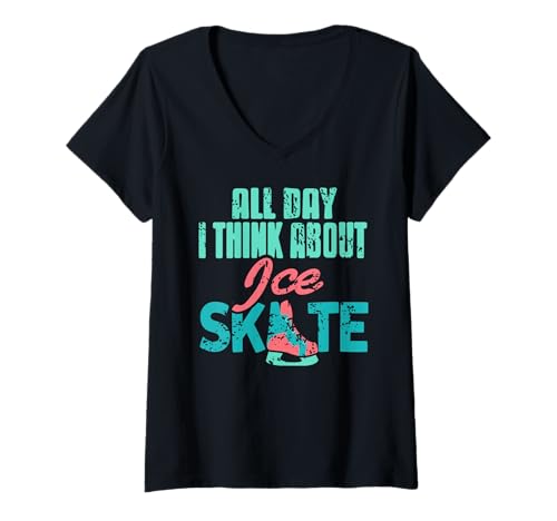 Damen Denke Den Ganzen Tag An Skaten Eisfans Stil T-Shirt mit V-Ausschnitt Damen Denke Den Ganzen Tag An Skaten Eisfans Stil T-Shirt mit V-Ausschnitt von Eisbahnlust Für Leidenschaftliche Skater