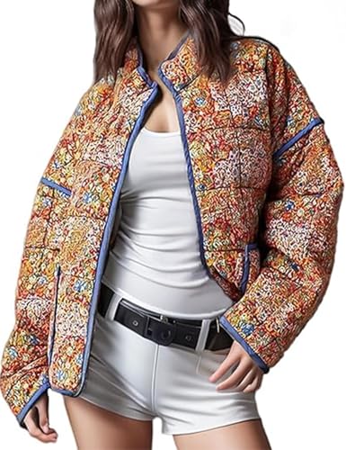 Eisctnd Damen Cropped Puffer Steppjacke Cardigan Blumendruck Leichte Langarm Kurz Gepolstert Mäntel, Orange/Abendrot im Zickzackmuster (Sunset Chevron), S von Eisctnd
