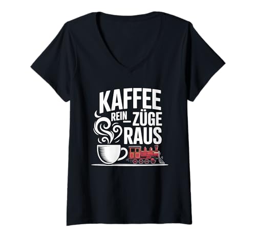 Damen Kaffee Rein Züge Raus Lokomotive Freude T-Shirt mit V-Ausschnitt von Eisenbahn Kaffee Nostalgie Freude
