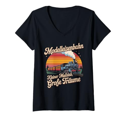 Damen Kleiner Maßstab Große Träume Modelleisenbahn T-Shirt mit V-Ausschnitt Damen Kleiner Maßstab Große Träume Modelleisenbahn T-Shirt mit V-Ausschnitt von Eisenbahn Liebhaber Retro Fans Modelleisenbahn