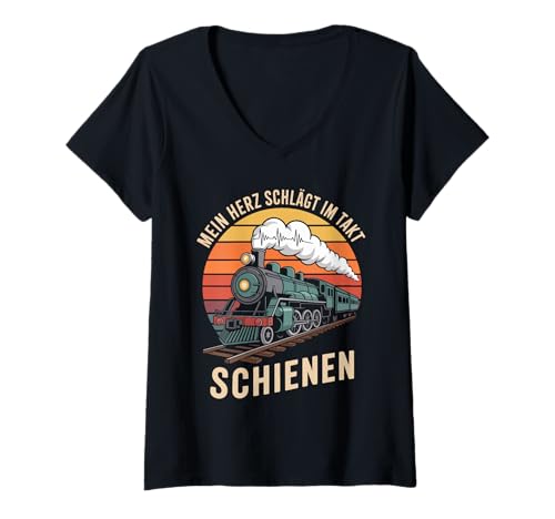 Damen Mein Herz Schlägt Im Takt Schienen Zug T-Shirt mit V-Ausschnitt Damen Mein Herz Schlägt Im Takt Schienen Zug T-Shirt mit V-Ausschnitt von Eisenbahn Lokomotive Dampflok Enthusiast