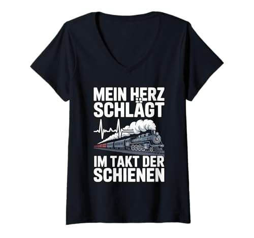 Damen Mein Herz Schlägt Im Takt Schienen Zug T-Shirt mit V-Ausschnitt Damen Mein Herz Schlägt Im Takt Schienen Zug T-Shirt mit V-Ausschnitt von Eisenbahn Lokomotive Dampflok Enthusiast