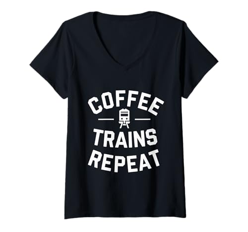 Damen Railway Tour I Love Trains Coffee Lover Railroad Worker T-Shirt mit V-Ausschnitt von Eisenbahn Outfit Männer & Frauen