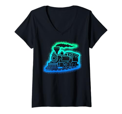 Damen Dampflok Modelleisenbahn Kinder Jungen Herren Eisenbahn T-Shirt mit V-Ausschnitt von Eisenbahner Designs mit Modellbahn und Lokomotive