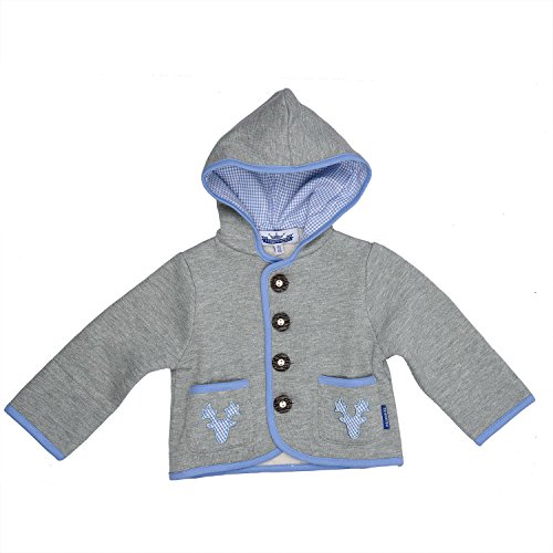 Eisenherz Baby Jungen Kapuzenjacke Sweatjacke mit Geweih, in grau und hellblau - fescher Trachtenlook in Größe 86/92 von P.Eisenherz