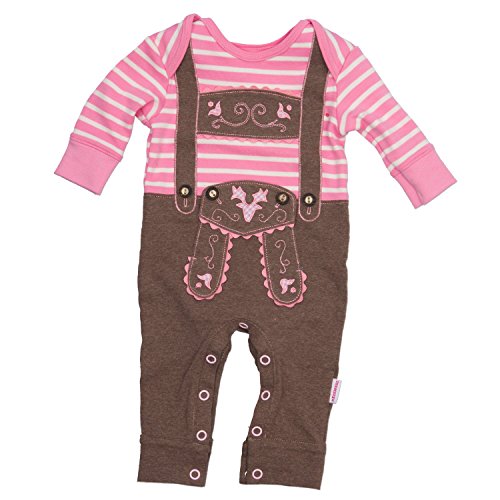 Eisenherz Baby Strampler rosa Langarm mit Druckverschluss im Schritt Lederhose mit Hosenträgerapplikation in Größe 74 - fescher Trachtenlook von Eisenherz