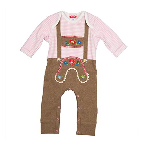 Eisenherz Baby Strampler rosa kariert Langarm mit Druckverschluss im Schritt Lederhose mit Hosenträgerapplikation in Größe 68 - fescher Trachtenlook von Eisenherz