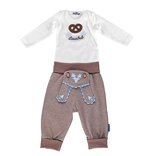 Trachten SET für Lausbuben bestehend aus Baby Body mit langem Arm Motiv "Brezel" mit Stickerei "Lausbub" und Baby Jogginghose Lederhosen Look, braun - ein tolles Geschenk von P.Eisenherz