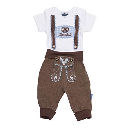 Trachten Set für Lausbuben in Größe 86 bestehend aus Baby Body mit kurzem Arm und Applikation Hosenträger und Baby Jogginghose Lederhosen Look, braun - EIN tolles Geschenk von P.Eisenherz