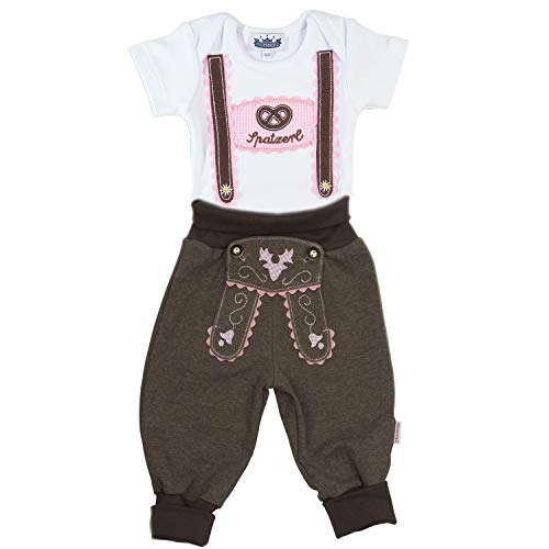 Trachten Set für Mädchen in Größe 86, bestehend aus Baby Body mit kurzem Arm und Applikation Hosenträger und Baby Jogginghose Lederhosen Look, braun/pink - EIN tolles Geschenk für Spatzerl von P.Eisenherz