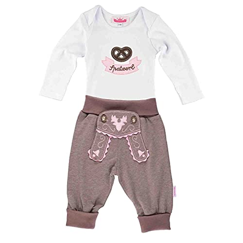 P.Eisenherz Trachten Set für Mädchen bestehend aus Baby Body mit langem Arm Motiv Brezel mit Stickerei Spatzerl und Baby Jogginghose Lederhosen Look, braun/pink - EIN tolles Geschenk von P.Eisenherz