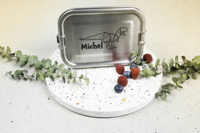 Metallbrotdose, Edelstahl Lunchbox Dose "Dinosaurier Und Wunschname", T-Rex, Kindergeschenk, Kindergartenkind, Schulkind 24 2024 Einschulung von EisenwaldManufaktur