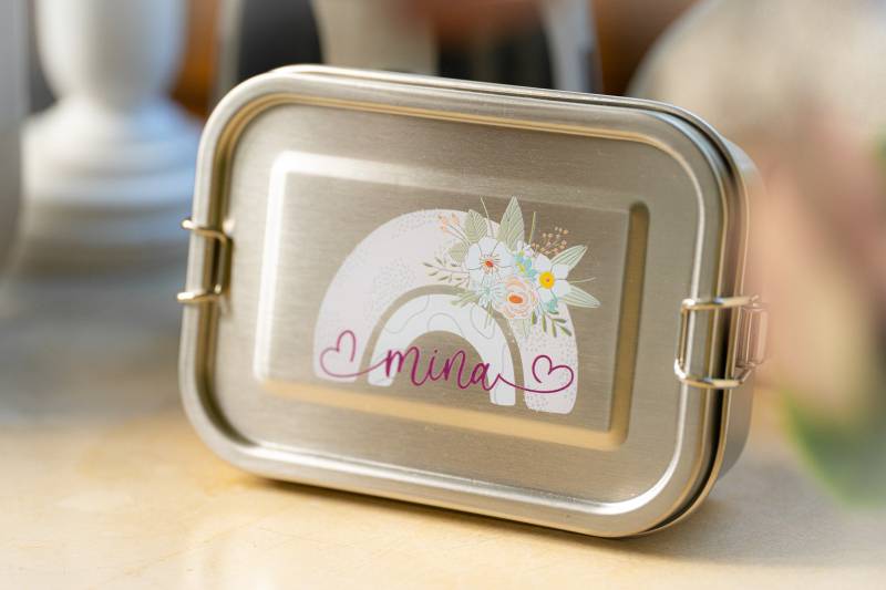 Metallbrotdose, Edelstahl Lunchbox Dose "Regenbogen Mit Blumen", Kindergeschenk, Kindergartenkind, Schulkind 24 2024 Einschulung von EisenwaldManufaktur
