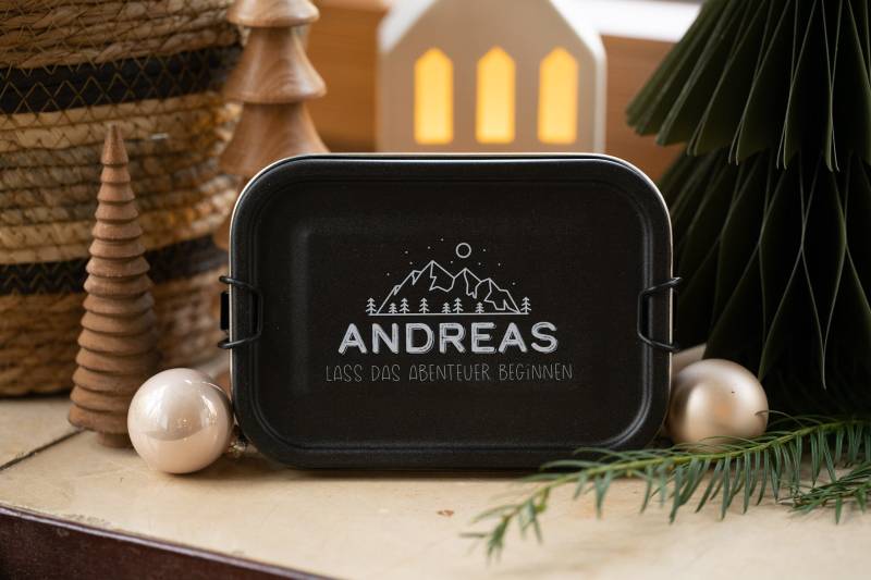 Metallbrotdose, Edelstahl Lunchbox Dose Schwarz Matt Bergliebe Mit Wunschnamen Und Wunschtext" Weihnachtsgeschenk Für Papa, Ihn, Ehemann von EisenwaldManufaktur