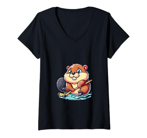 Damen Eishockey Biber Niedliche Illustration T-Shirt mit V-Ausschnitt Damen Eishockey Biber Niedliche Illustration T-Shirt mit V-Ausschnitt von Eishockey Biber Tierisches Vergnügen