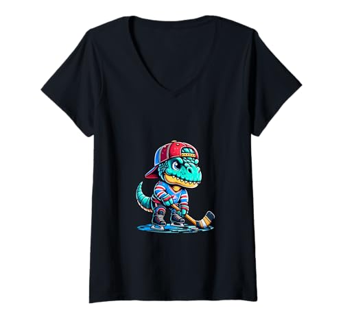 Damen Eishockey Dino Lustiger Sport T Rex Kinder T-Shirt mit V-Ausschnitt von Eishockey Dino Cooles Sportmotiv Kinderfans
