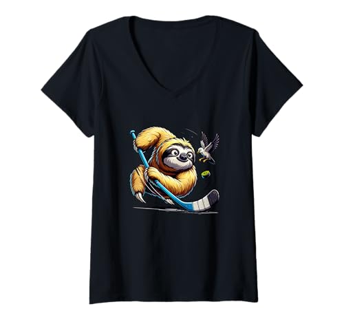 Damen Faultier Spielt Eishockey Mit Schlaeger Und Puck Lustig T-Shirt mit V-Ausschnitt Damen Faultier Spielt Eishockey Mit Schlaeger Und Puck Lustig T-Shirt mit V-Ausschnitt von Eishockey Faultier Puck Lustig Tier Humor Cartoon