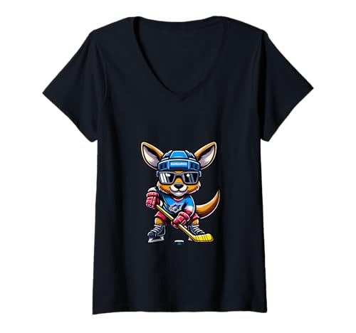 Damen Eishockey Känguru - Kangaroo Helm Design T-Shirt mit V-Ausschnitt von Eishockey Känguru Action Spaß Fans