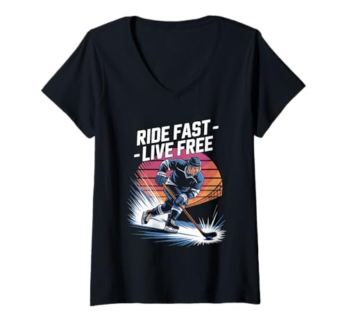 Damen Ride Fast Live Free Eishockey Leidenschaft T-Shirt mit V-Ausschnitt von Eishockey Leidenschaft Geschwindigkeit Freiheit