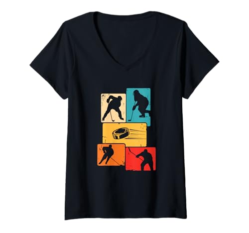 Damen Eishockey Motive farbig Retro T-Shirt mit V-Ausschnitt Damen Eishockey Motive farbig Retro T-Shirt mit V-Ausschnitt von Eishockey Motive Retro farbig