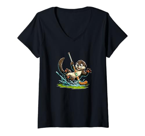Damen Otter Eishockey Lustig Puck Hockeyschläger Spaß T-Shirt mit V-Ausschnitt Damen Otter Eishockey Lustig Puck Hockeyschläger Spaß T-Shirt mit V-Ausschnitt von Eishockey Otter Lustig Tiermotiv Cartoon
