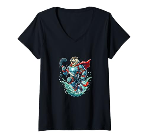 Damen Superheldischer Otter Eishockey Rüstung Splash T-Shirt mit V-Ausschnitt Damen Superheldischer Otter Eishockey Rüstung Splash T-Shirt mit V-Ausschnitt von Eishockey Otter Superheld Rüstung Comic Splash