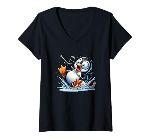 Damen Pinguin Eishockey Chaos Rutschpartie Mit Puck Und Stock T-Shirt mit V-Ausschnitt Damen Pinguin Eishockey Chaos Rutschpartie Mit Puck Und Stock T-Shirt mit V-Ausschnitt von Eishockey Pinguin Lustig Cartoon Kinder Fan Winter