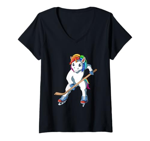Damen Lustiges Eishockey-Einhorn T-Shirt mit V-Ausschnitt von Eishockeybekleidung Mädchen