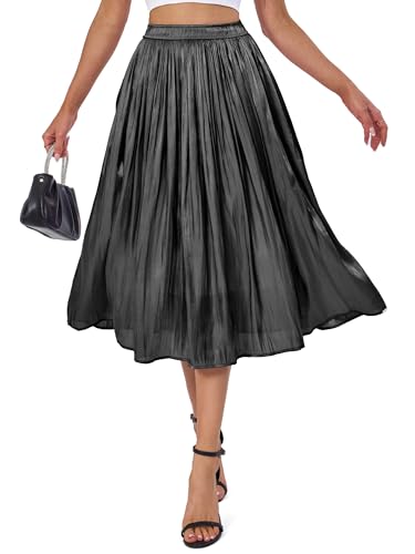 Eisnnu Damen Rock Sommer Midi Lang Glänzender Rock Elastische Taille A-Linie Elegant Hohe Taille Midi-Faltenrock (DE/NL/SE/PL, Alphanumerisch, L, Regular, Regular, Schwarz) von Eisnnu