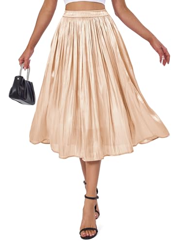 Eisnnu Damen Rock Sommer Midi Lang Glänzender Rock Elastische Taille A-Linie Elegant Hohe Taille Midi-Faltenrock (DE/NL/SE/PL, Alphanumerisch, M, Regular, Regular, Khaki) von Eisnnu