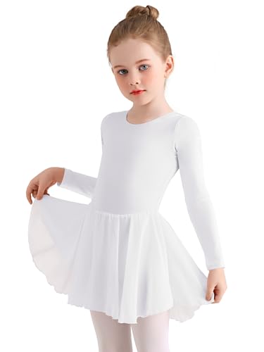 Eisnnu Kinder Ballettkleidung Mädchen Baumwolle Lange Ärmel Tanzkleid mädchen Ballettrock Balletttrikot Ballettanzug mit Chiffon Rock Tütü 2-11 Jahre (Weiß, 120) von Eisnnu