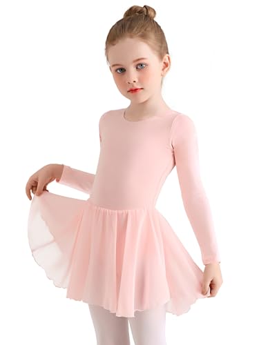 Eisnnu Kinder Ballettkleidung Mädchen Baumwolle Lange Ärmel Tanzkleid mädchen Ballettrock Balletttrikot Ballettanzug mit Chiffon Rock Tütü 2-11 Jahre (Rosa, 140) von Eisnnu