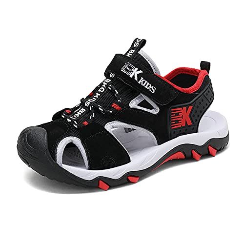 Eisrumu Sandalen Kinder Trekkingsandalen Jungen Mädchen Geschlossene Sport Outdoorsandalen mit Klettverschluss Sommer Atmungsaktiv Barfuß Strandschuhe Schwarz Rot EU28 von Eisrumu