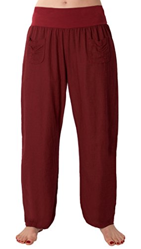 Eitex Damen Leinenhose Größe 36/38 bis Größe 50/52 aus 100% Leinen - leichte Sommerhose Tunnelbund mit Gummizug und 2 aufgesetzten Taschen vorne - weiter Schnitt (Bordeauxrot, 34/36) von Eitex