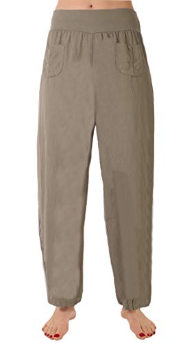 Eitex Damen Leinenhose Größe 36/38 bis Größe 50/52 aus 100% Leinen - leichte Sommerhose Tunnelbund mit Gummizug und 2 aufgesetzten Taschen vorne - weiter Schnitt (Khaki, 34/36) von Eitex