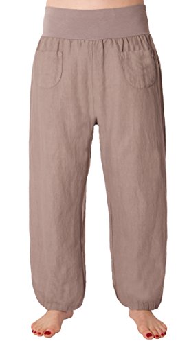 Eitex Damen Leinenhose Größe 36/38 bis Größe 50/52 aus 100% Leinen - leichte Sommerhose Tunnelbund mit Gummizug und 2 aufgesetzten Taschen vorne - weiter Schnitt (Schlamm, 40/42) von Eitex