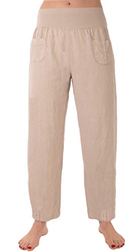 Eitex Damen Leinenhose Größe 36/38 bis Größe 50/52 aus 100% Leinen - leichte Sommerhose Tunnelbund mit Gummizug und 2 aufgesetzten Taschen vorne - weiter Schnitt (beige, 36/38) von Eitex