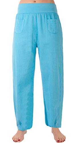 Eitex Damen Leinenhose Größe 36/38 bis Größe 50/52 aus 100% Leinen - leichte Sommerhose Tunnelbund mit Gummizug und 2 aufgesetzten Taschen vorne - weiter Schnitt (türkis, 50/52) von Eitex