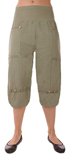 Eitex Damen große Größen Leinenhose 7/8 Caprihose Elegante 100% Leinen Übergröße Gr.34/36 bis Gr 50/52 mit Knopfapplikationen Shorts Kurze Hose leichte Sommerhose (Khaki, 42/44) von Eitex