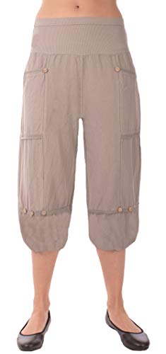 Eitex Damen große Größen Leinenhose 7/8 Caprihose Elegante 100% Leinen Übergröße Gr.34/36 bis Gr 50/52 mit Knopfapplikationen Shorts Kurze Hose leichte Sommerhose (Schlamm, 42/44) von Eitex